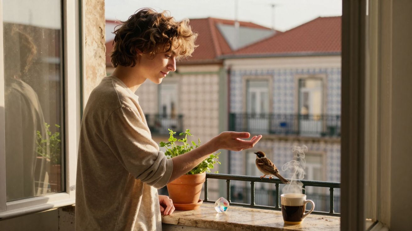 Jovem a alimentar um pardal na varanda de um apartamento com plantas e vista para edifícios antigos.