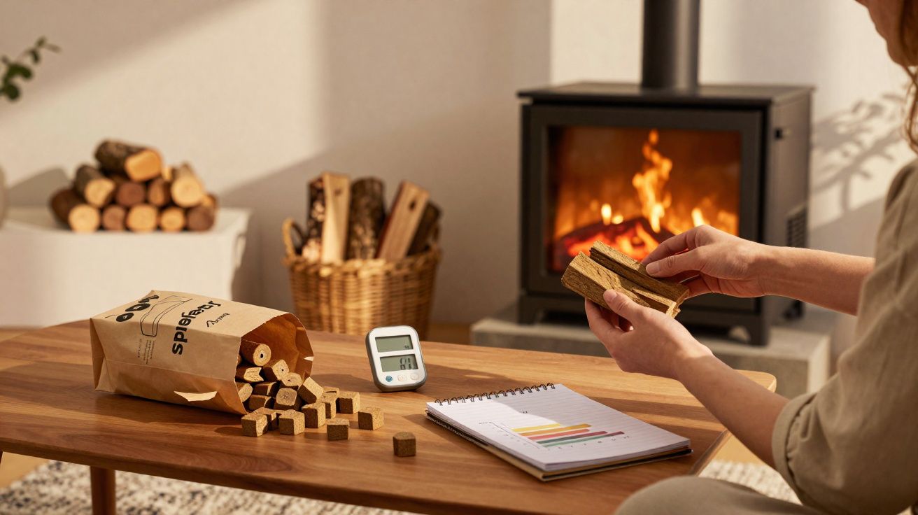 Pessoa segurando pedaços de lenha junto a uma lareira acesa e anotações numa mesa de madeira.