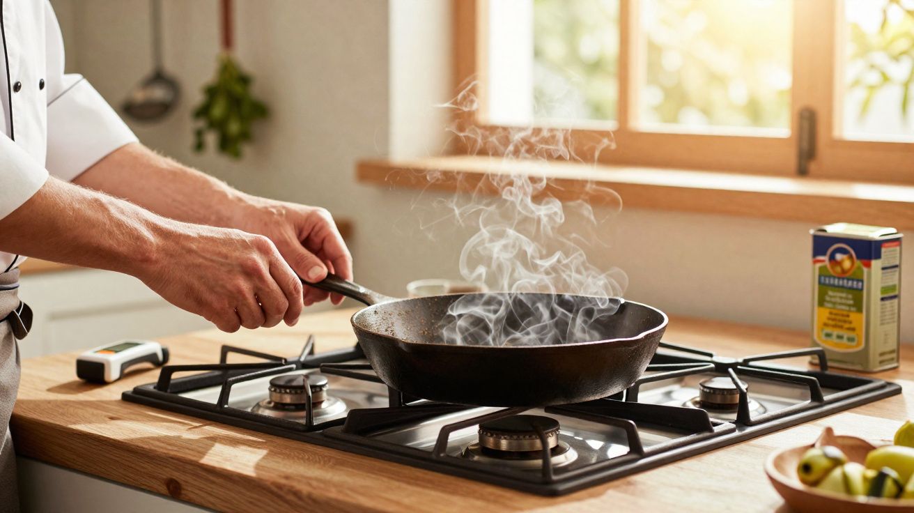 Pessoa a cozinhar numa frigideira a fumegar num fogão a gás numa cozinha iluminada pelo sol.