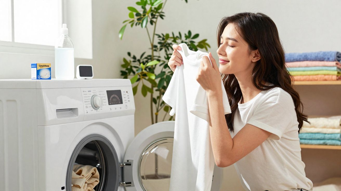 Mulher a cheirar roupa branca acabada de lavar junto a máquina de lavar roupa aberta.