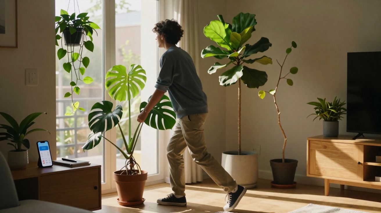 Pessoa a abrir porta de vidro numa sala luminosa com várias plantas e mobília de madeira clara.