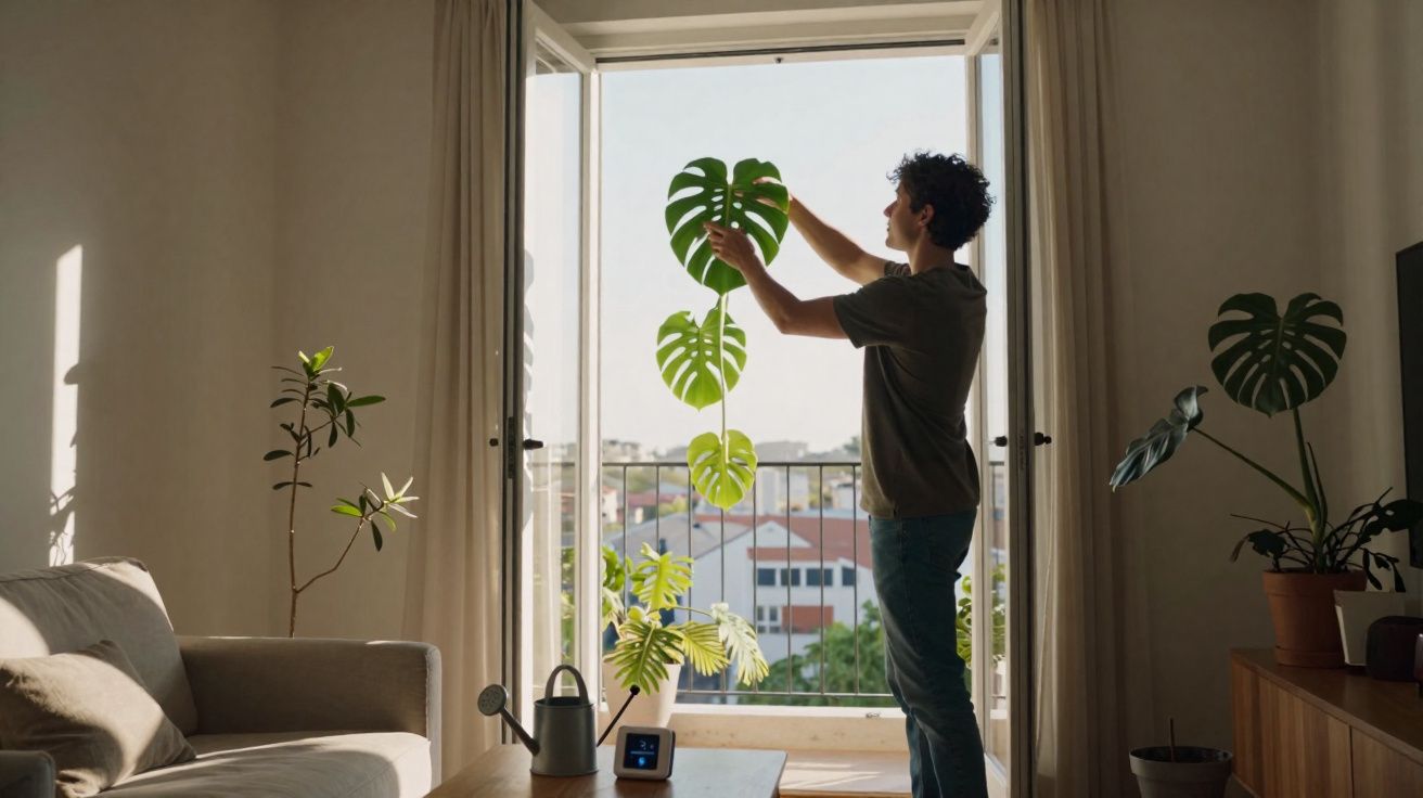 Pessoa a cuidar de plantas junto a uma janela aberta numa sala com luz natural.