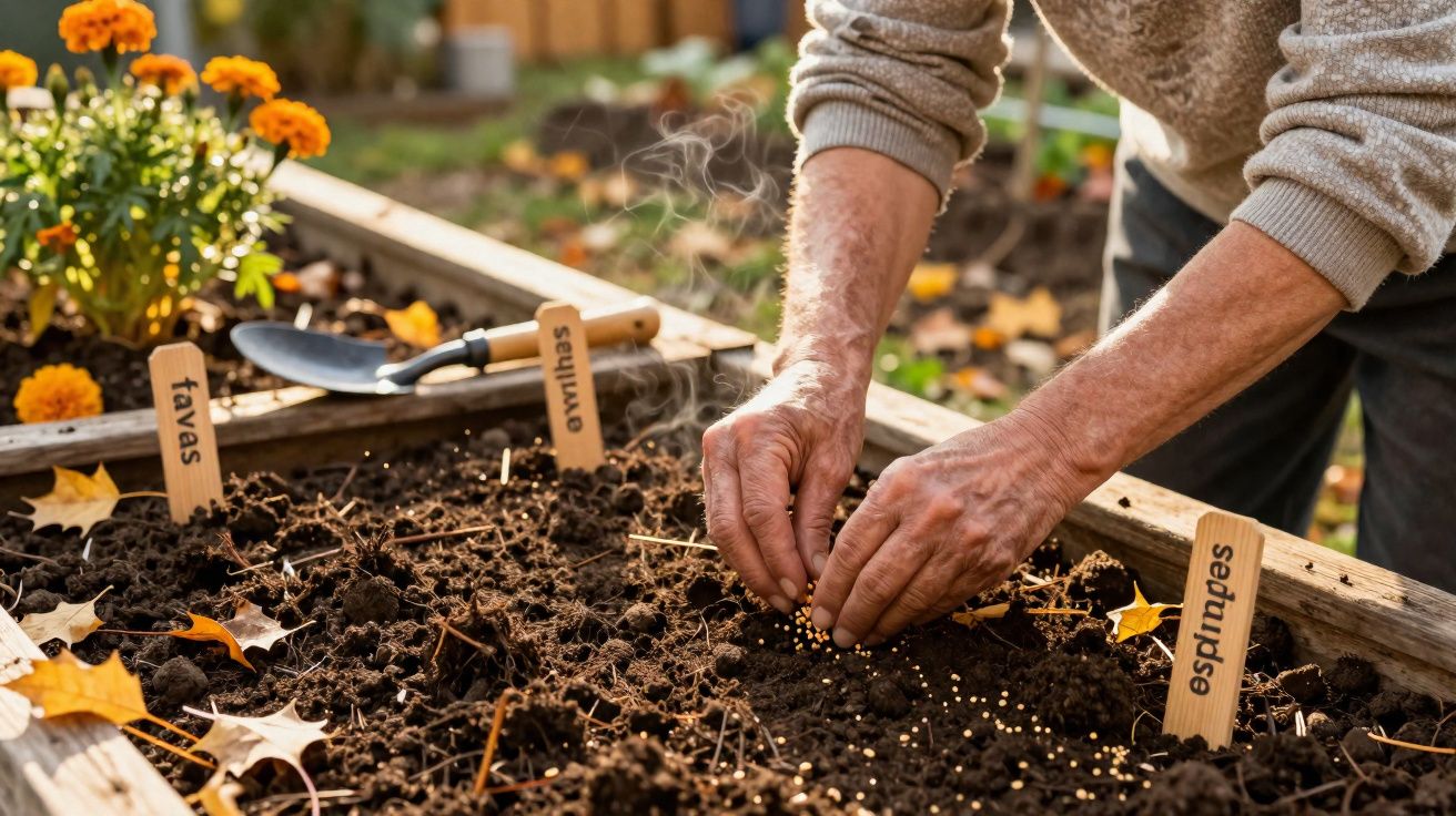 Mãos de pessoa a semear sementes num canteiro com terra, etiquetas de faveira, ervilhas e espinafres.