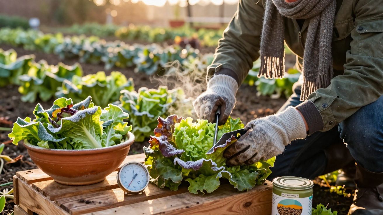Pessoa a colher alface com geada num campo agrícola ao amanhecer, usando luvas e roupa quente.