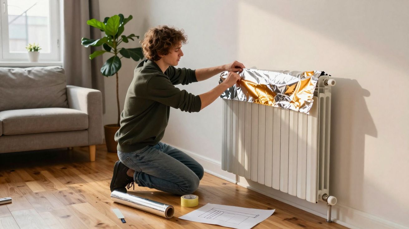 Pessoa a aplicar papel alumínio atrás de um radiador num ambiente doméstico confortável.