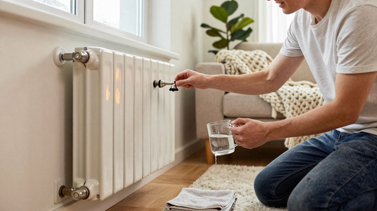Pessoa a lavar um radiador com um pano num ambiente doméstico acolhedor.