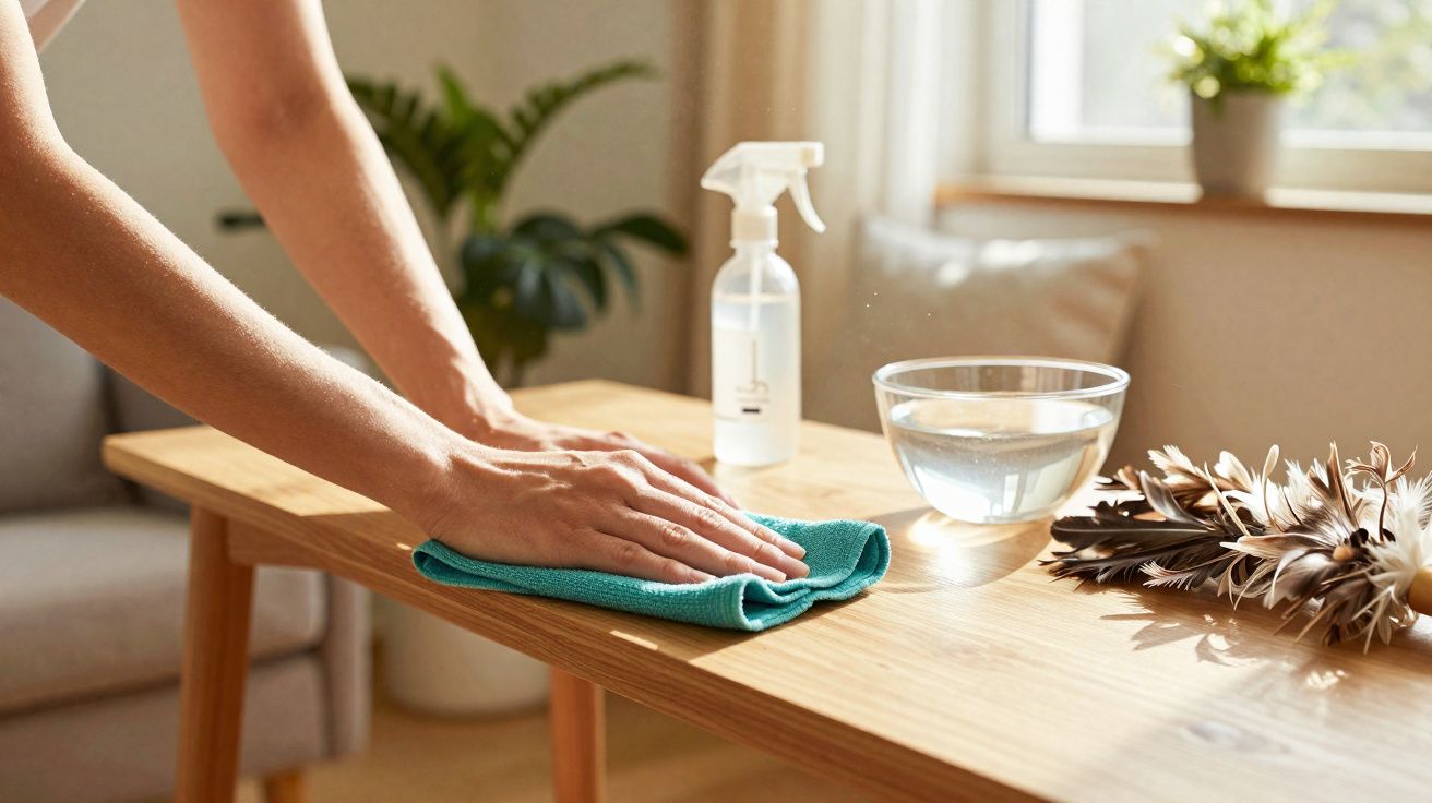 Pessoa a limpar mesa de madeira com pano azul num ambiente iluminado por luz natural