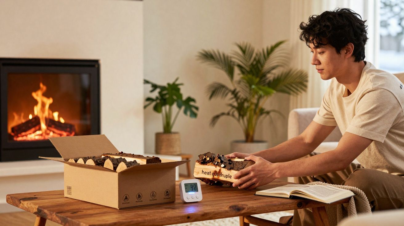 Homem sentado junto a lareira, prestes a comer bolo tirado de caixa em sala com plantas e livro aberto.