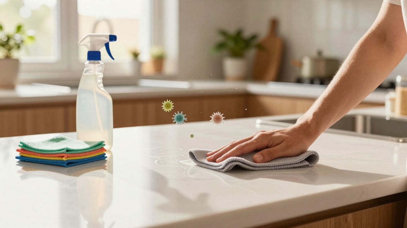 Pessoa a limpar bancada da cozinha com pano e spray, com vírus ilustrados a serem removidos.