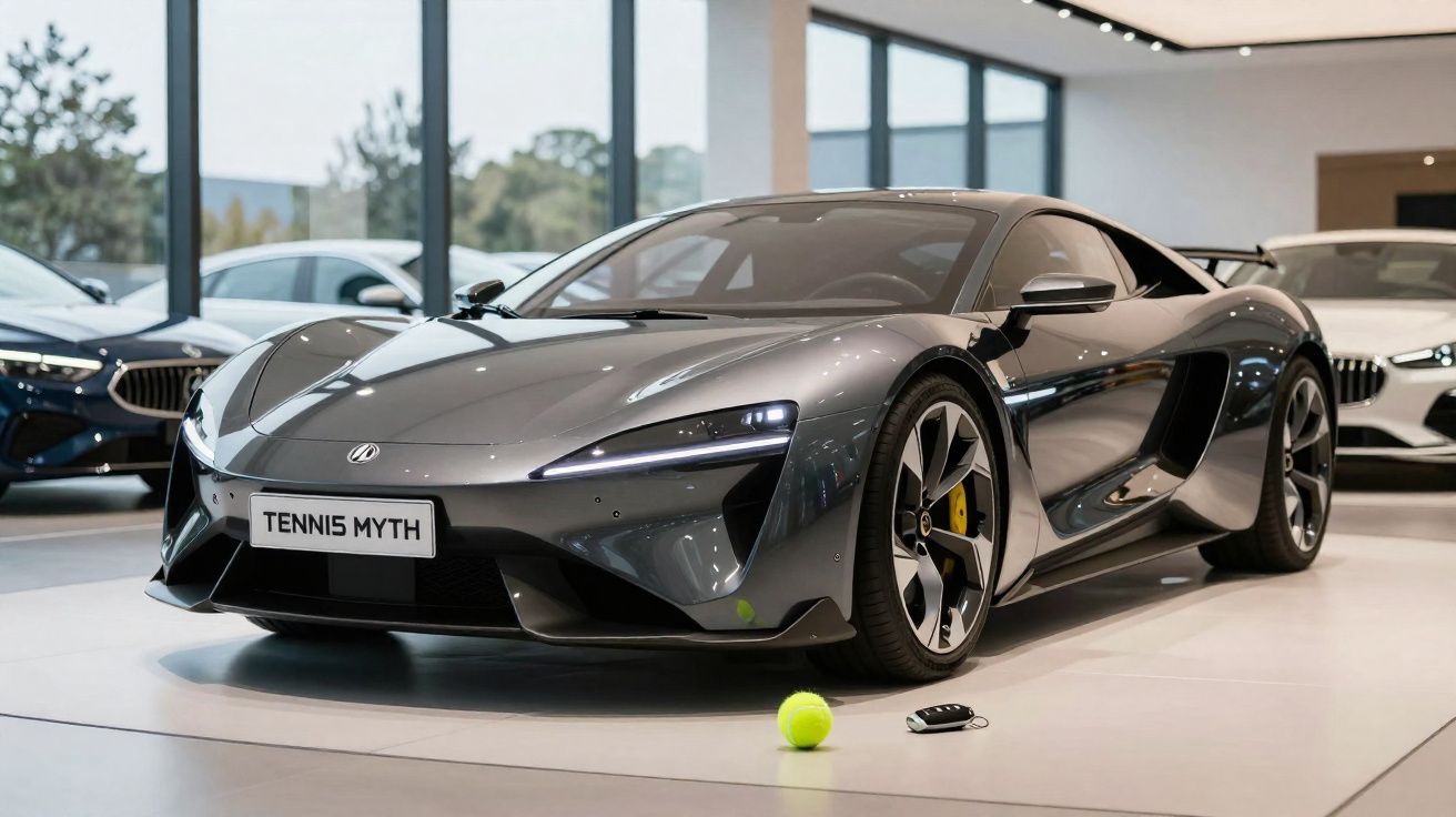 Carro desportivo cinzento estacionado em exposição, com uma bola de ténis e comando no chão à frente.