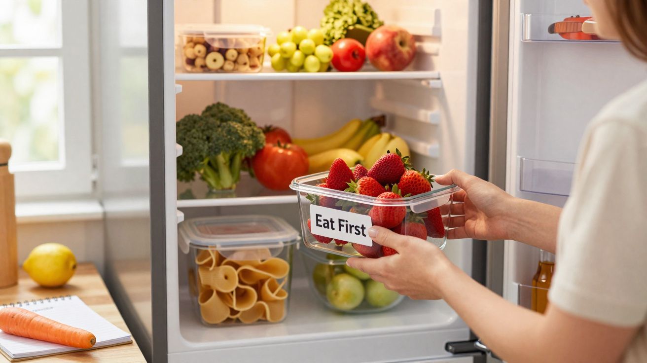 Pessoa a guardar morangos num tupperware rotulado "Eat First" dentro de um frigorífico abastecido com frutas e legumes.