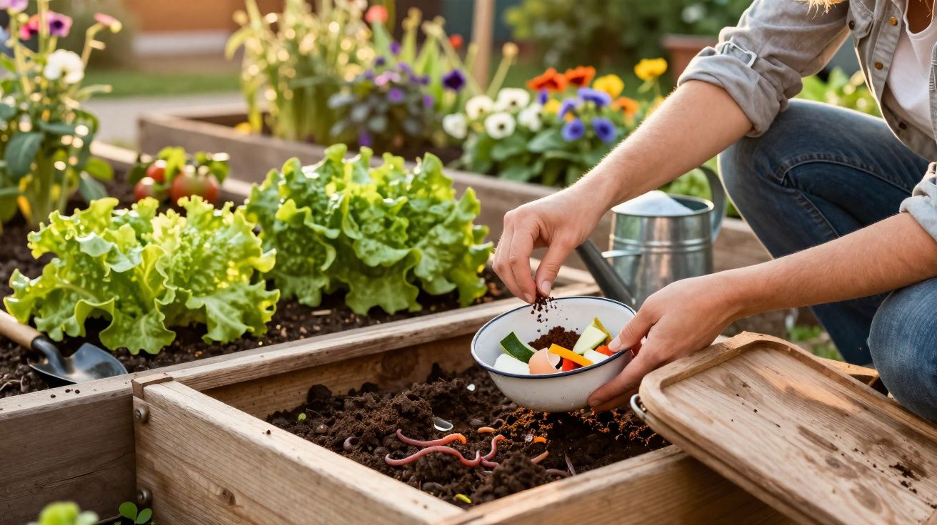Pessoa a espalhar restos de vegetais e vermes no solo de uma horta elevada com alfaces e flores coloridas.