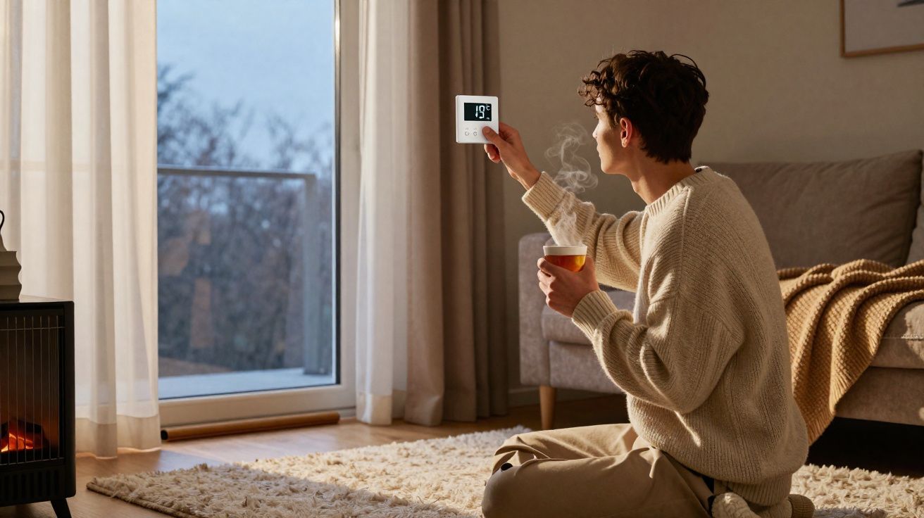 Pessoa sentada no chão ajusta termóstato digital enquanto segura chá quente numa sala acolhedora com lareira.
