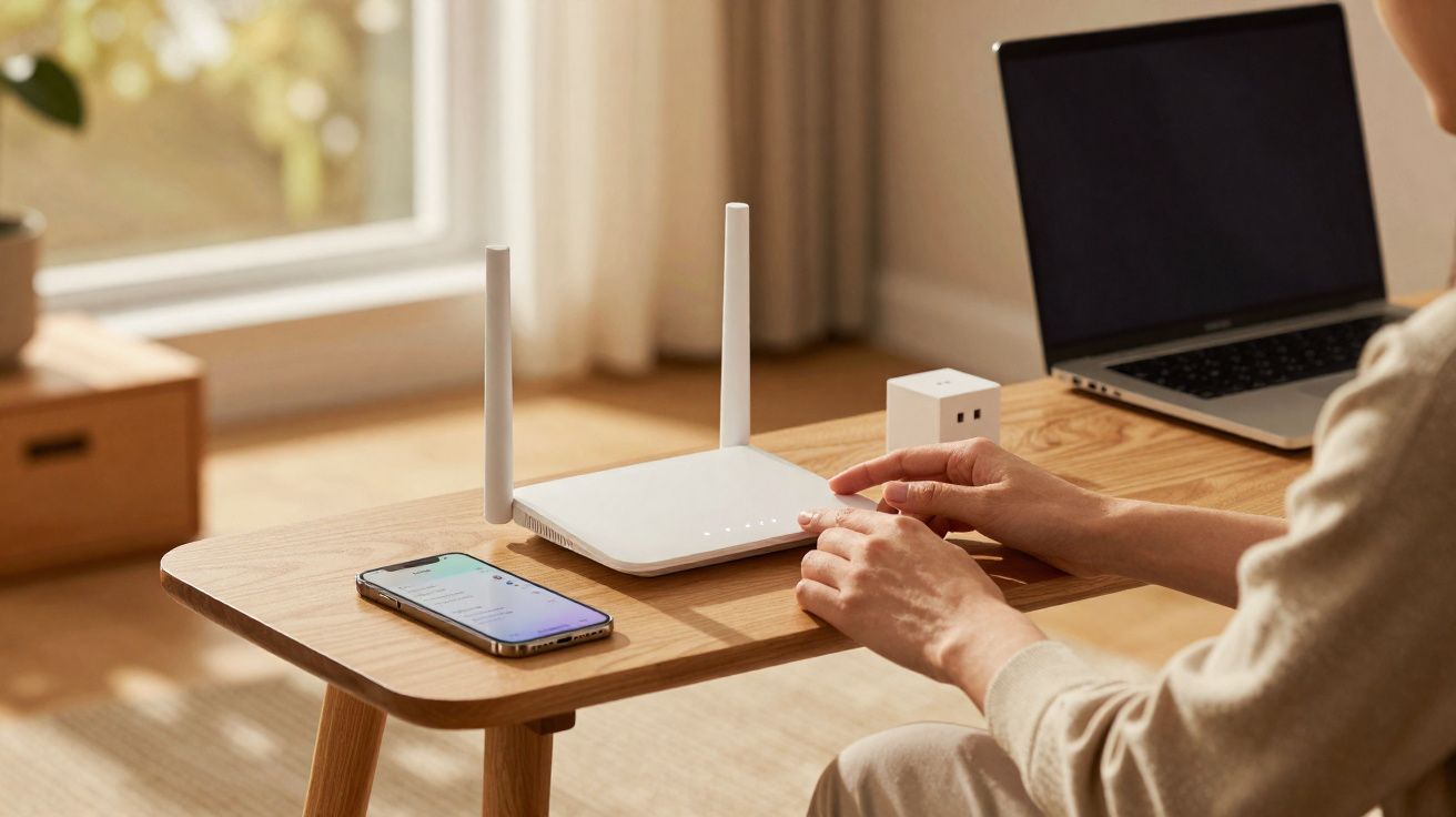 Pessoa ajusta router Wi-Fi branco numa mesa de madeira com telemóvel e computador portátil ao fundo.