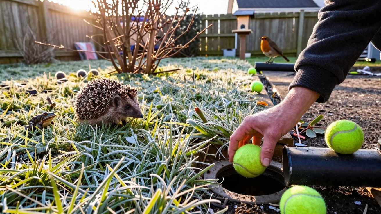 Mão segura bola de ténis perto de trenó de bolas, ouriço no chão com relva fria e ave ao fundo num jardim.