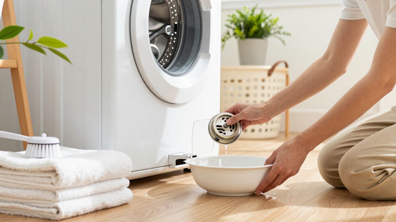 Pessoa a limpar o filtro da máquina de lavar roupa com toalhas brancas empilhadas ao lado.