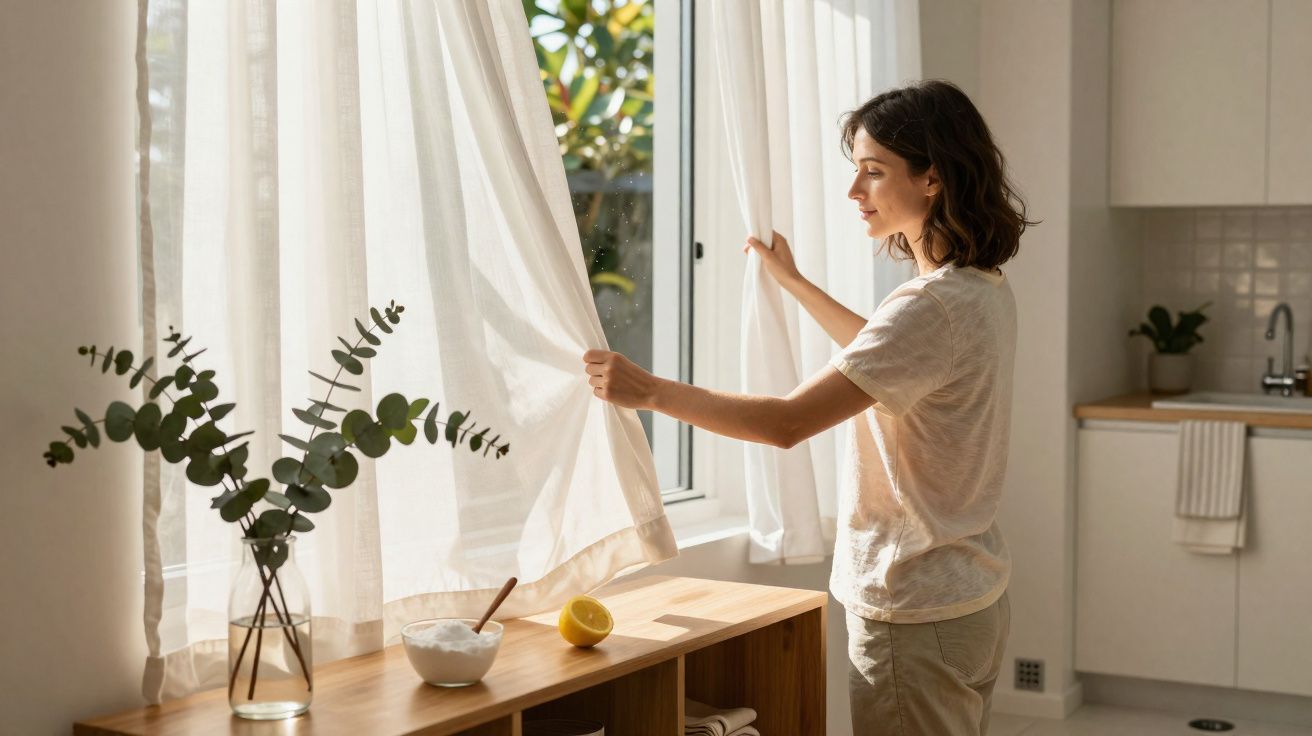 Mulher abre cortinas brancas numa cozinha luminosa com vaso de plantas e limão sobre móvel de madeira.