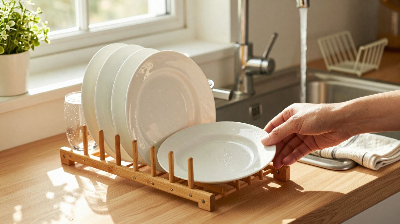 Secador de loiça em madeira com pratos brancos e uma mão a apanhar um prato numa cozinha com luz natural.