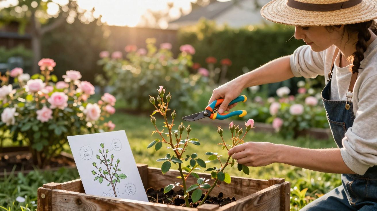 Mulher com chapéu a podar roseira numa caixa de madeira num jardim ensolarado.