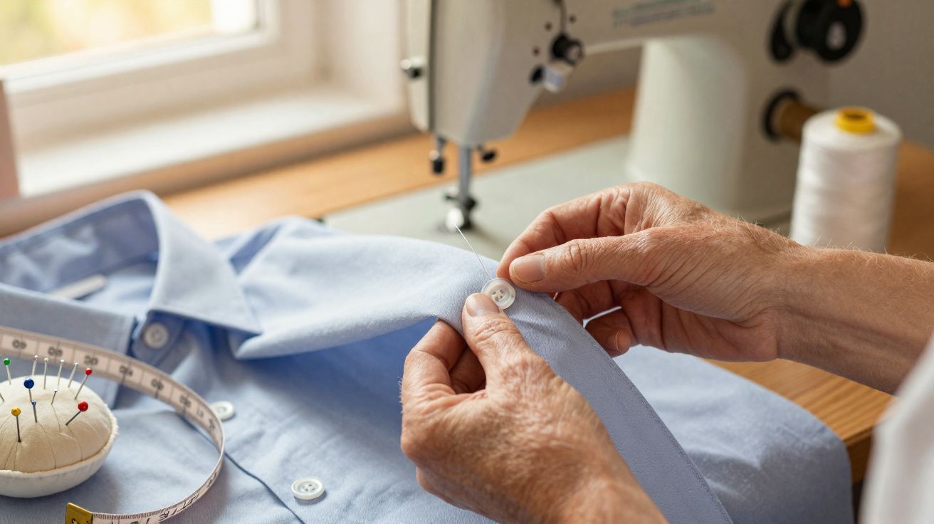 Mãos de uma pessoa a coser um botão numa camisa azul junto a máquina de costura e acessórios.