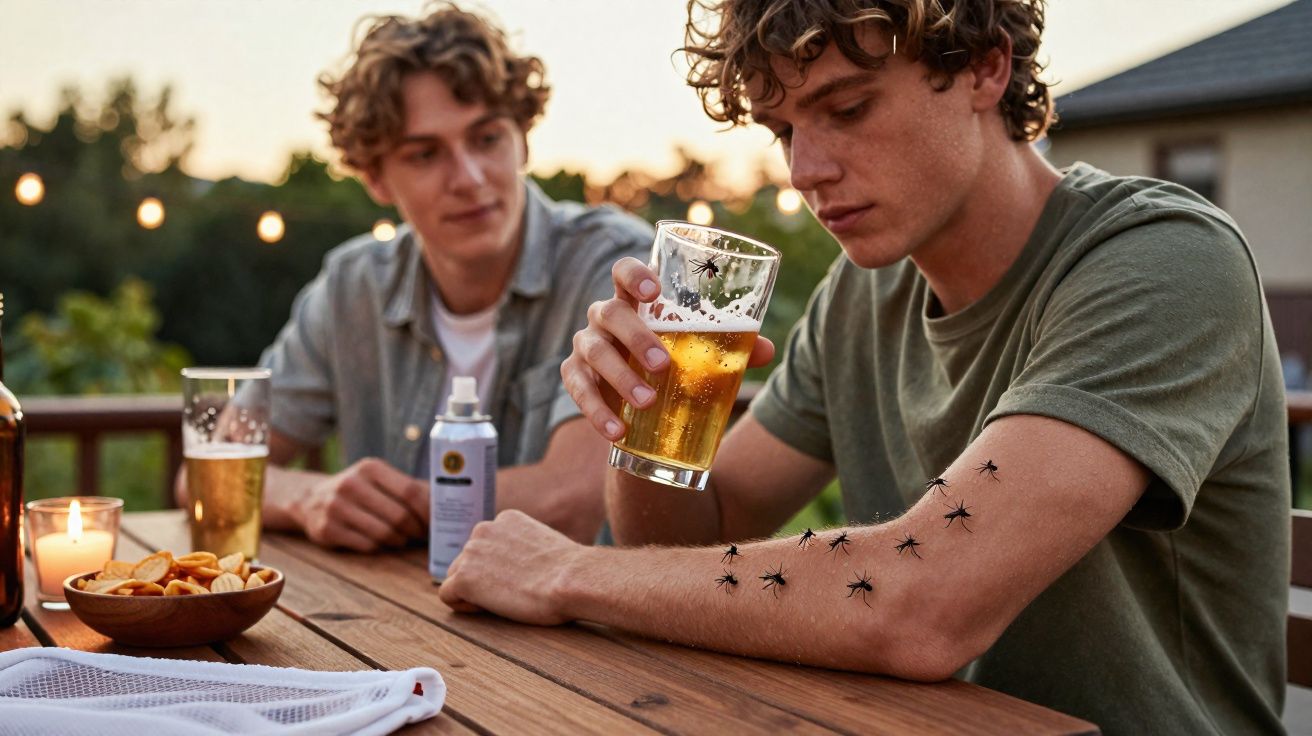 Dois jovens sentados numa mesa de madeira, um com muitos mosquitos pousados no braço a segurar um copo de cerveja.