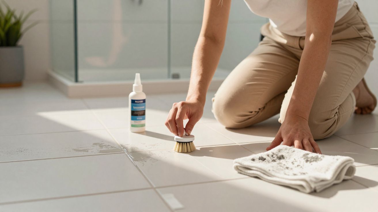 Pessoa a limpar chão de azulejos brancos com escova, pano e produto de limpeza.