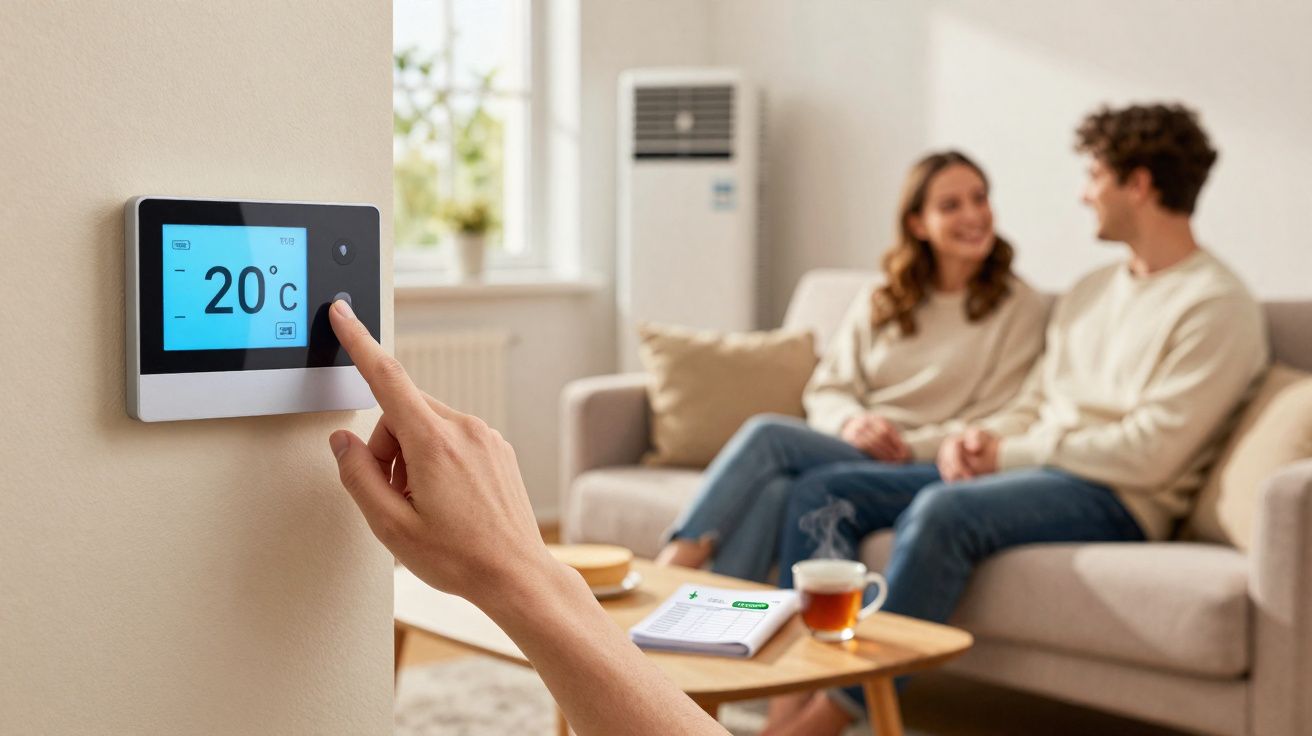 Pessoa ajusta termostato digital a 20°C numa sala com casal sentado no sofá ao fundo.