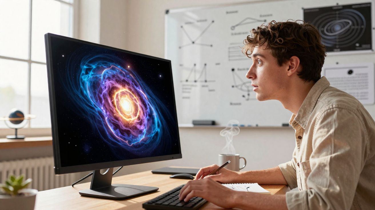 Homem jovem a estudar imagens do espaço num computador em ambiente de escritório educativo.