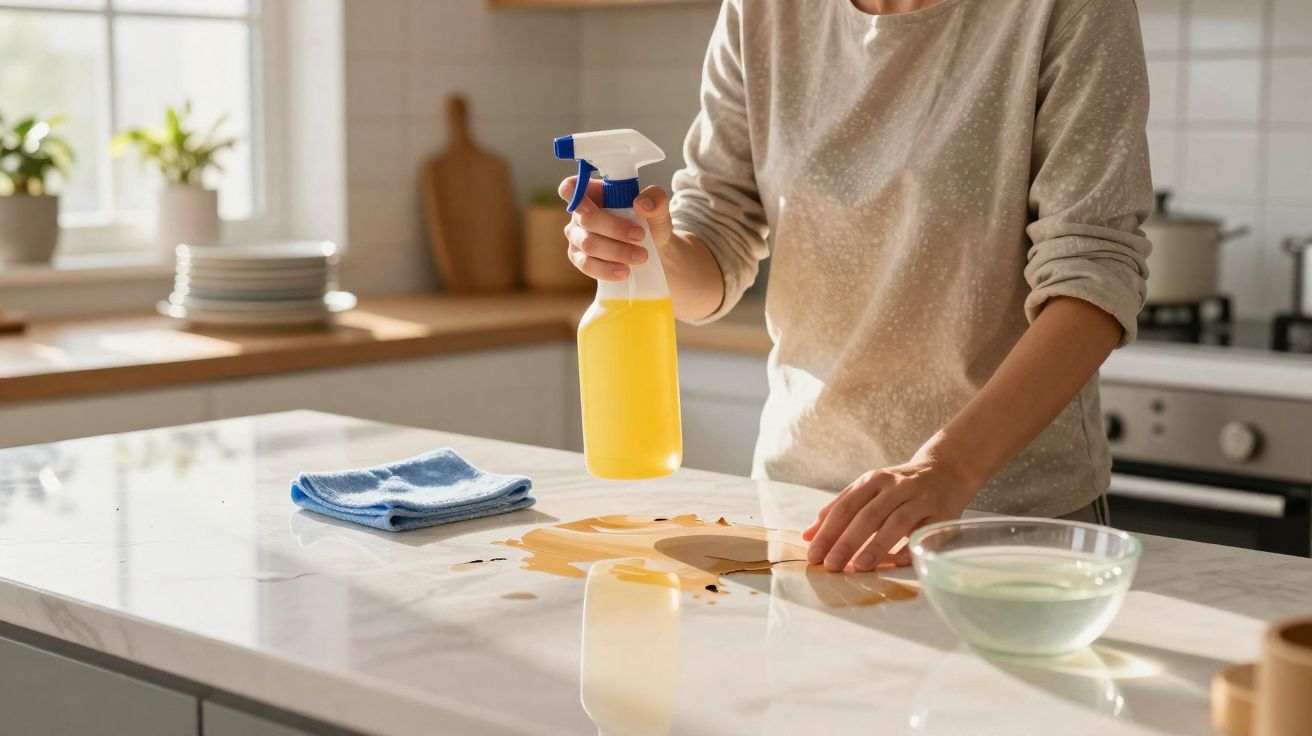Pessoa a limpar um balcão de cozinha com spray de limpeza e um pano azul ao lado.