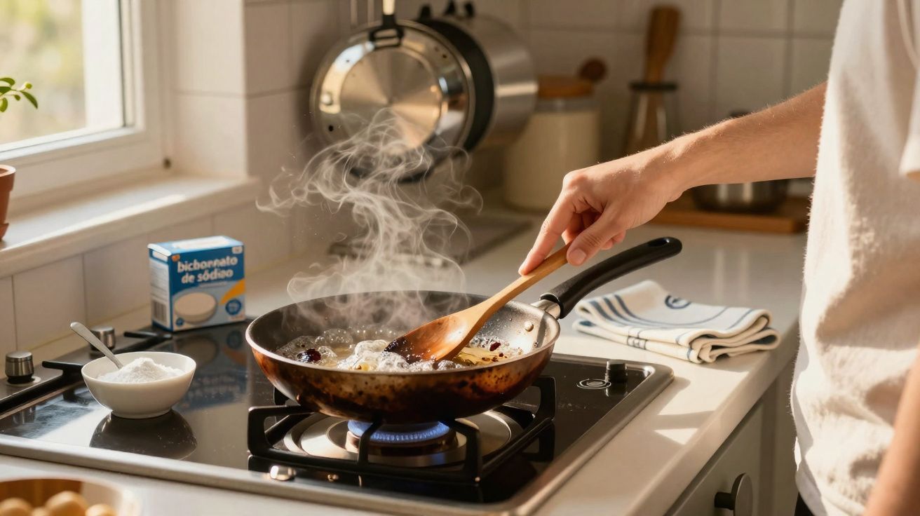 Pessoa a cozinhar numa frigideira com vapor a sair, numa cozinha iluminada por luz natural.