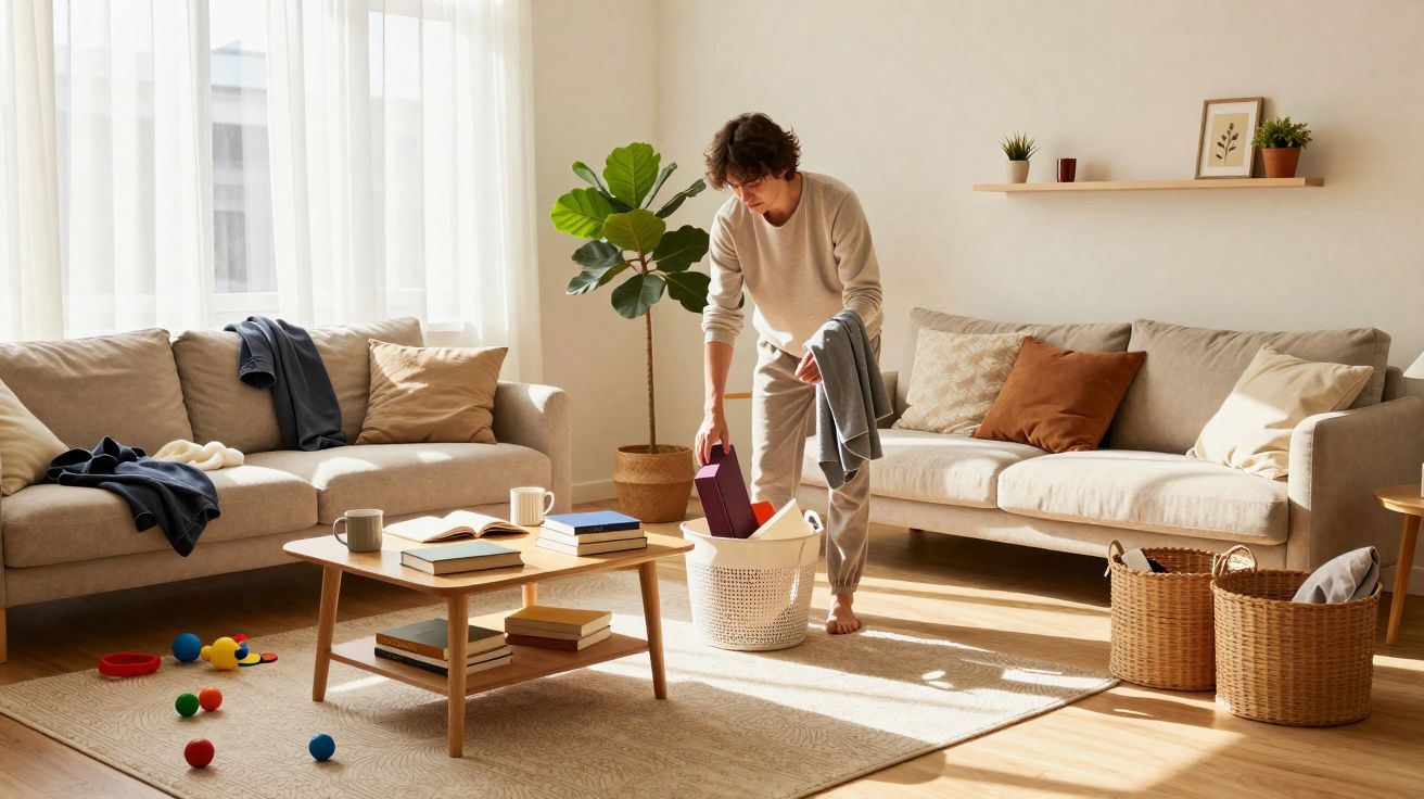 Homem a arrumar roupa num cesto numa sala iluminada com dois sofás, mesa e brinquedos caídos no chão.