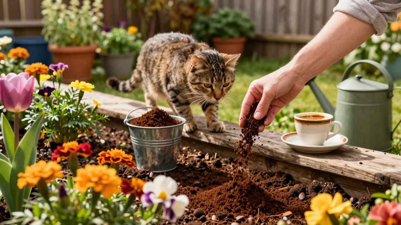 Gato curioso observa mão a espalhar terra junto a flores coloridas num jardim com chávena de café próxima.