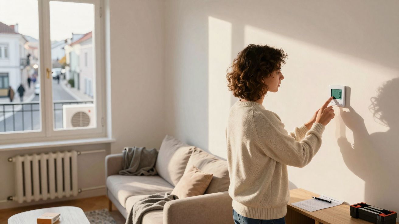 Mulher ajusta termóstato na parede numa sala com sofá, janela e luz natural.