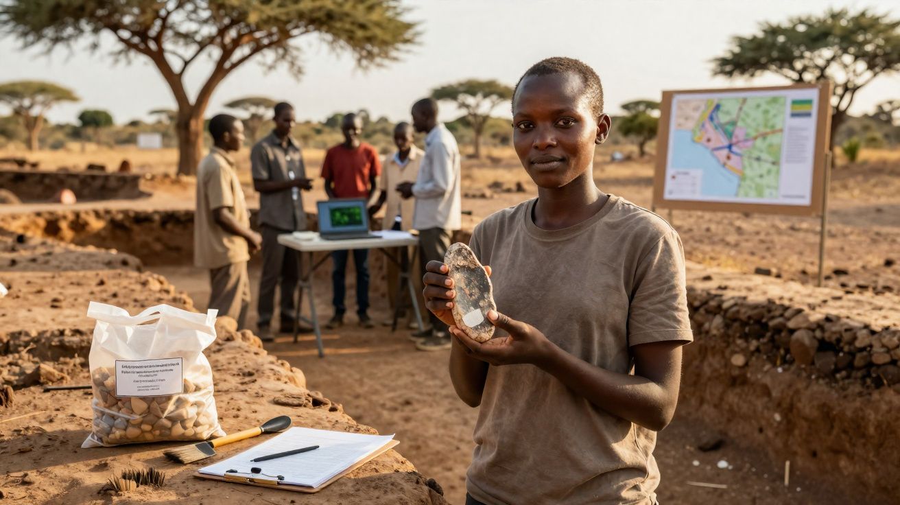 Jovem segura artefato em escavação arqueológica com grupo e mapa ao fundo numa paisagem semiárida.