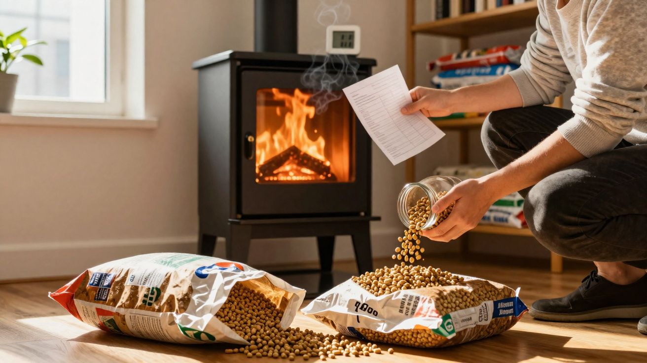 Pessoa a colocar pellets de madeira numa salamandra acesa numa sala com chão de madeira e estantes ao fundo.