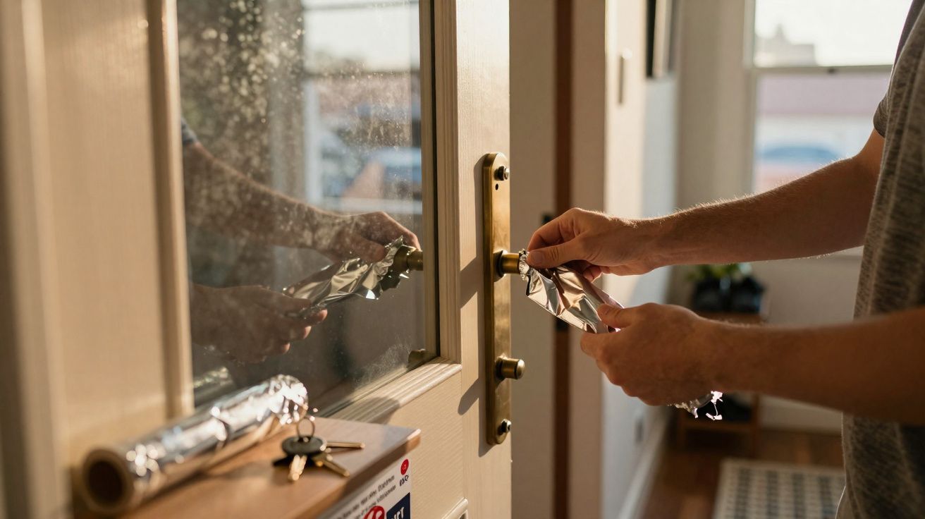 Pessoa a tentar abrir uma porta com uma ferramenta improvisada de alumínio durante o dia.