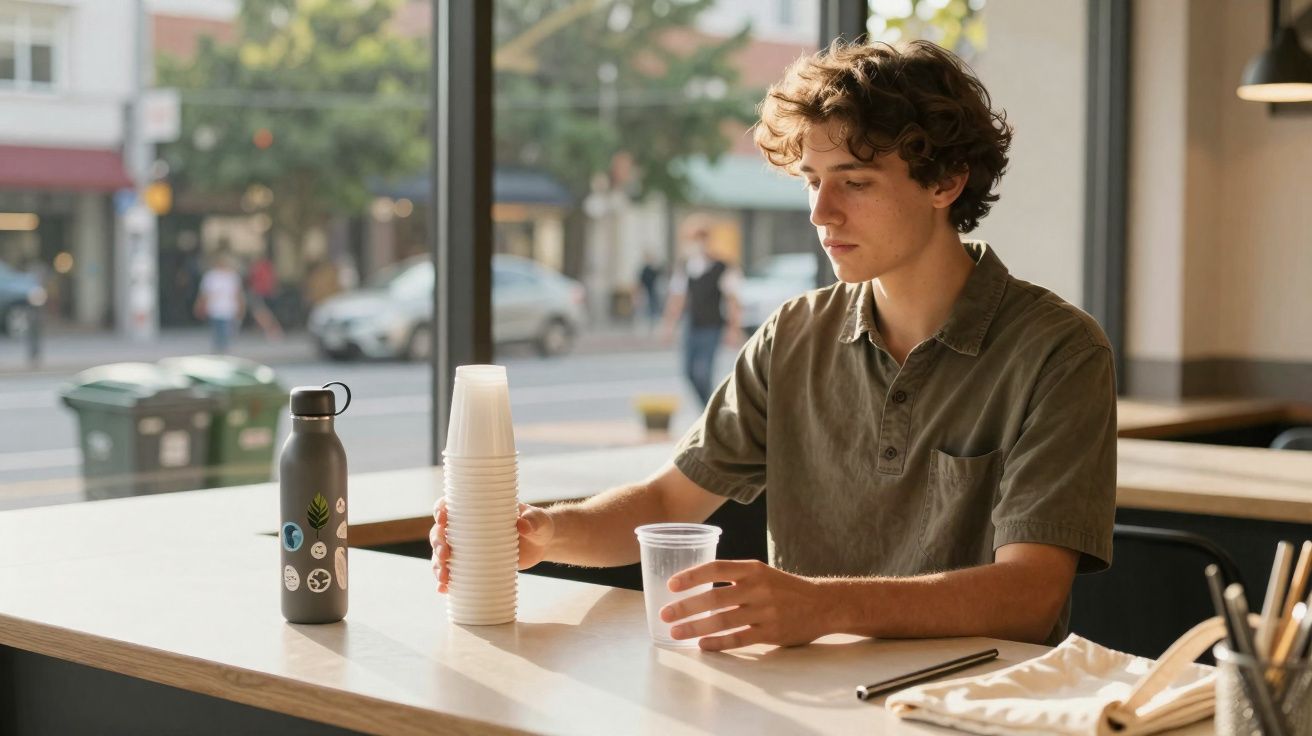 Jovem sentado numa cafetaria, a segurar copos de plástico junto a uma garrafa metálica na mesa.