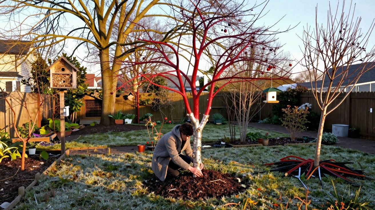Pessoa a cuidar da base de uma árvore com folhagem vermelha num jardim durante o inverno.