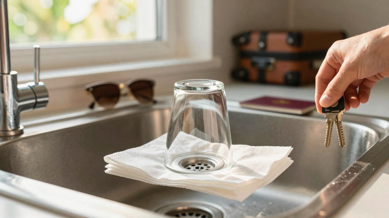 Copo virado para baixo sobre guardanapos na pia, ao fundo óculos de sol, passaporte e mala, e mão a segurar chaves.