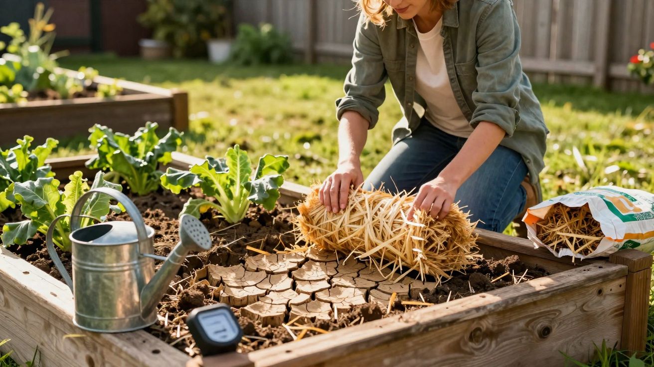 Pessoa a colocar palha sobre solo seco numa horta elevada com plantas verdes e regador ao lado.