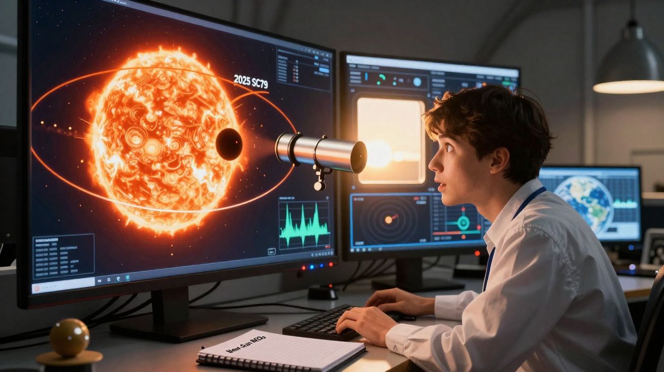 Jovem a analisar gráficos e imagens do sistema solar em monitores no laboratório de ciências.