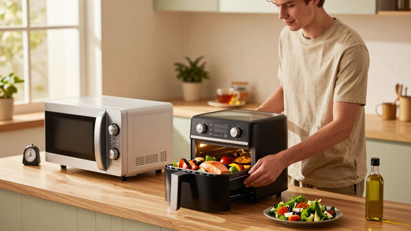 Homem retira prato com comida saudável de forno elétrico numa cozinha moderna e luminosa.