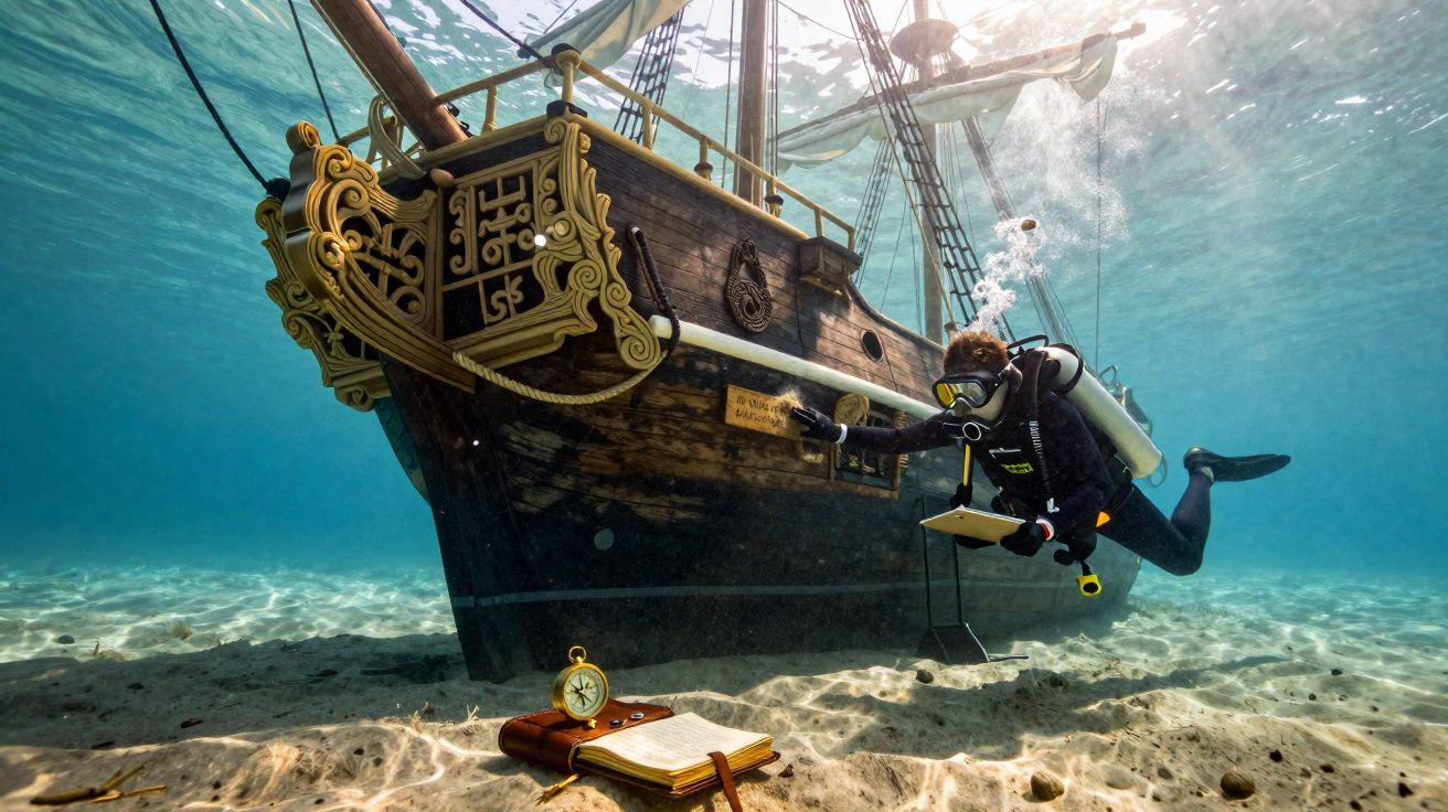 Mergulhador com equipamento completo a examinar um navio naufragado antigo no fundo do mar.