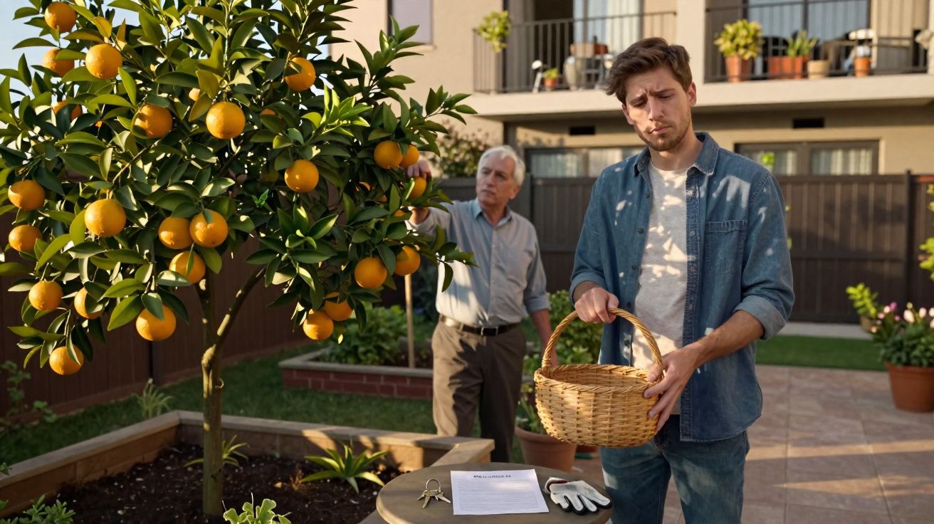 Jovem com cesta e homem mais velho a colher laranjas numa árvore num jardim residencial.