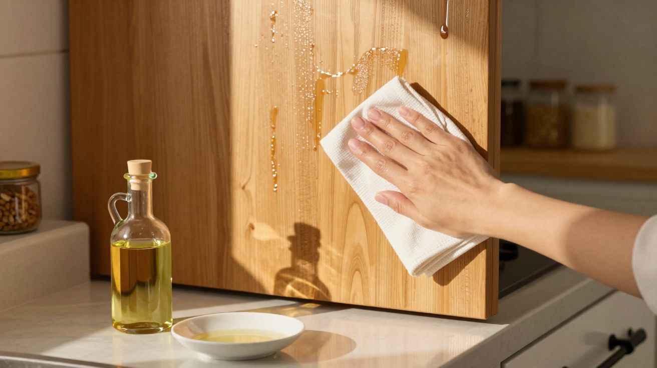 Mão a limpar derrame de óleo numa superfície de madeira com um pano branco numa cozinha moderna.