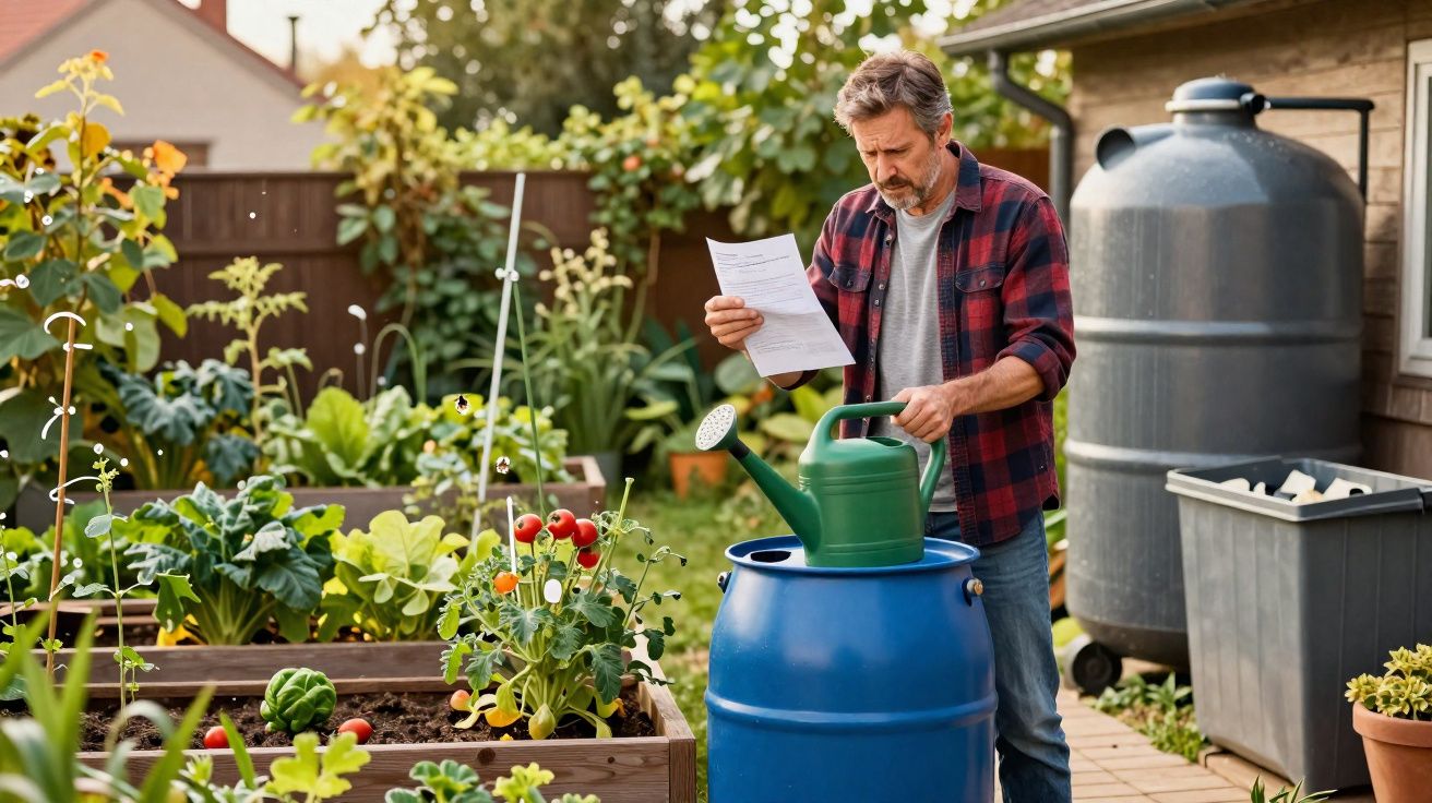 Homem em jardim urbano a preparar rega, segurando regador e lendo instruções num papel.