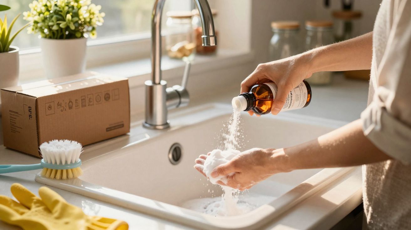 Pessoa a verter pó para lavar as mãos num lava-loiças com luz natural e utensílios de limpeza.