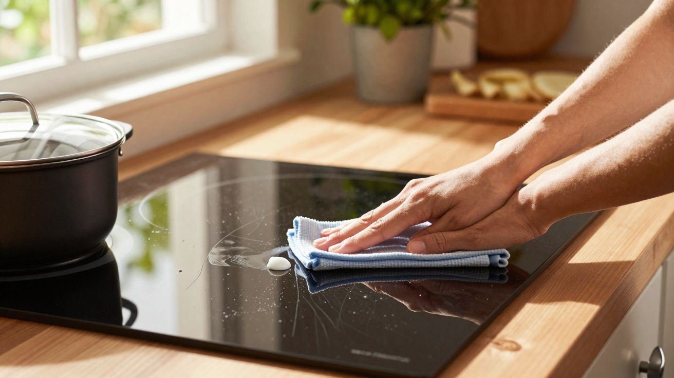 Pessoa a limpar placa de vitrocerâmica escura numa cozinha com pano azul.