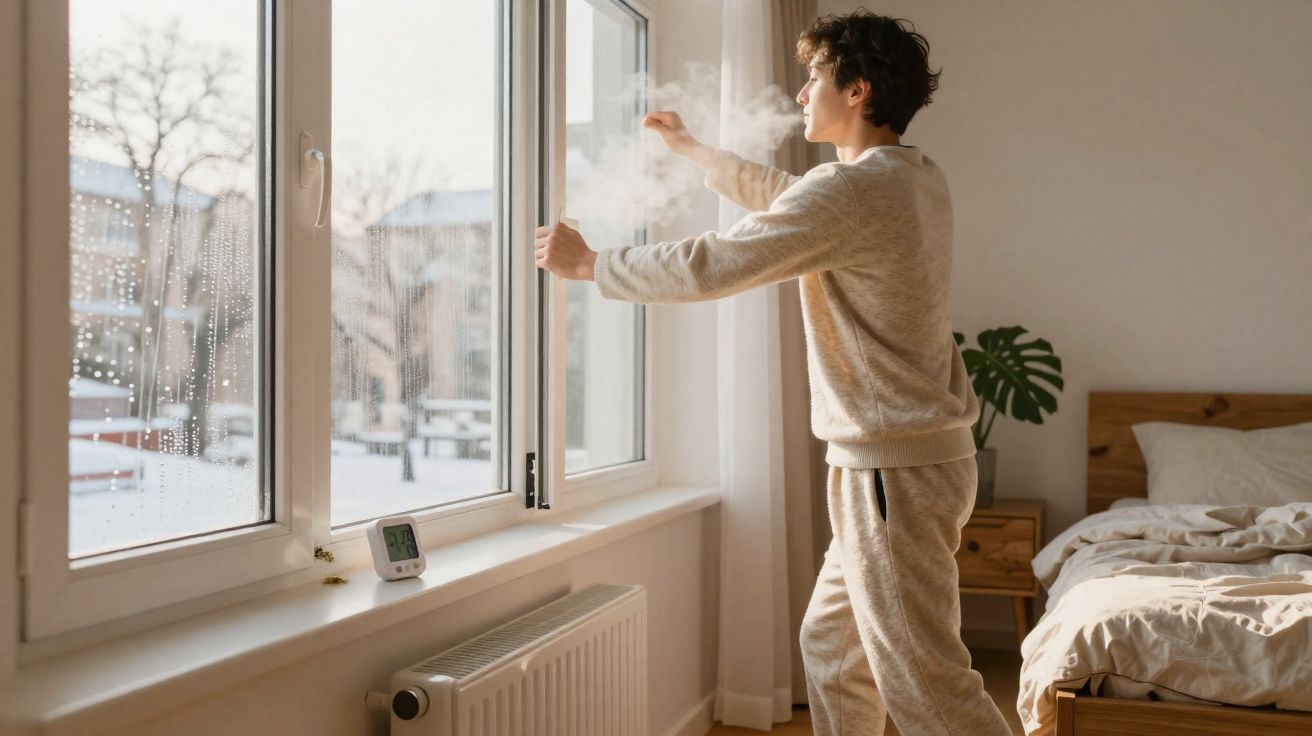 Pessoa a abrir janela para ventilar quarto durante dia frio de inverno.