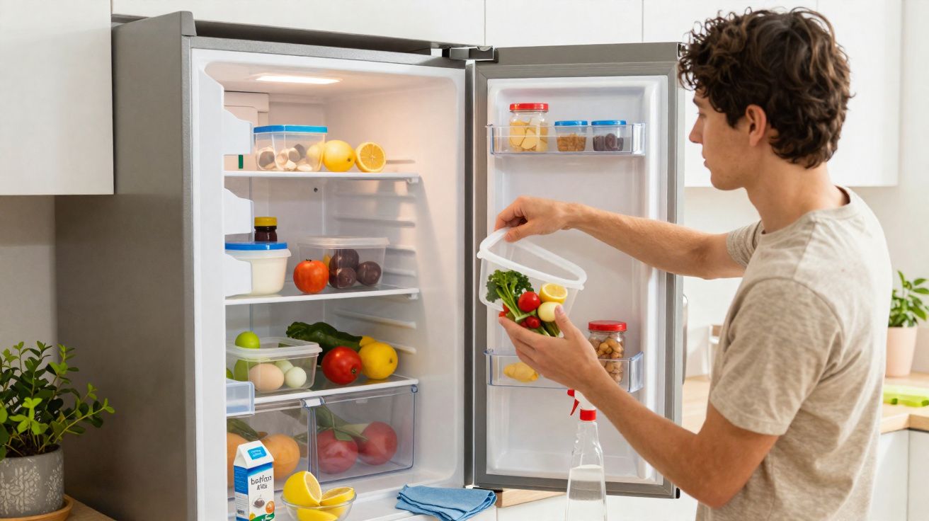 Jovem a colocar legumes frescos numa caixa plástica dentro de um frigorífico aberto numa cozinha moderna.